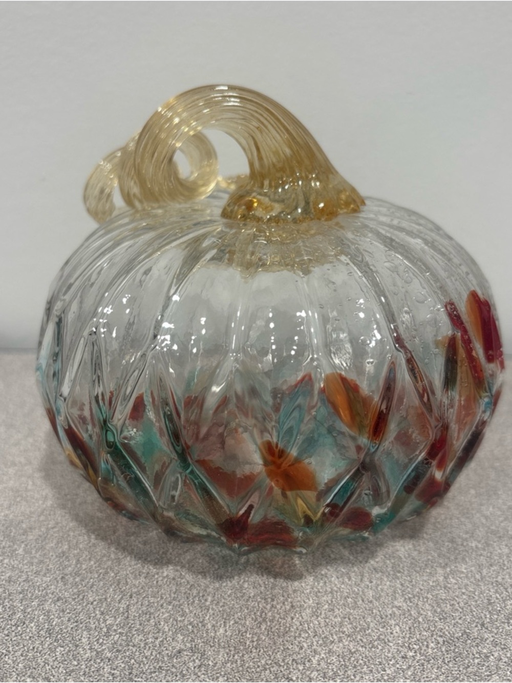 Hand-Blown Glass Pumpkin Sculpture in Clear with Orange and Teal Accents